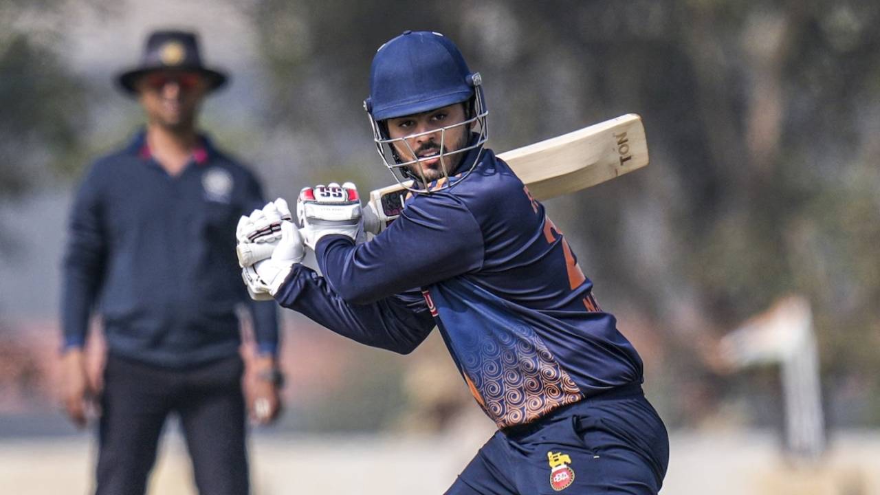 Nitish Rana plays a cut, Delhi vs Gujarat, Vijay Hazare Trophy, Bengaluru, December 26, 2025