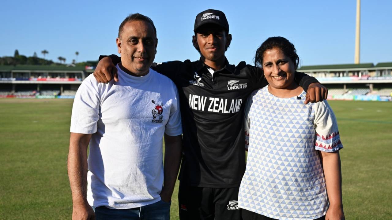 Snehith Reddy with his parents at the 2024 Under-19 World Cup, Nepal vs New Zealand, East London, Under-19 Men's World Cup, January 21, 2024
