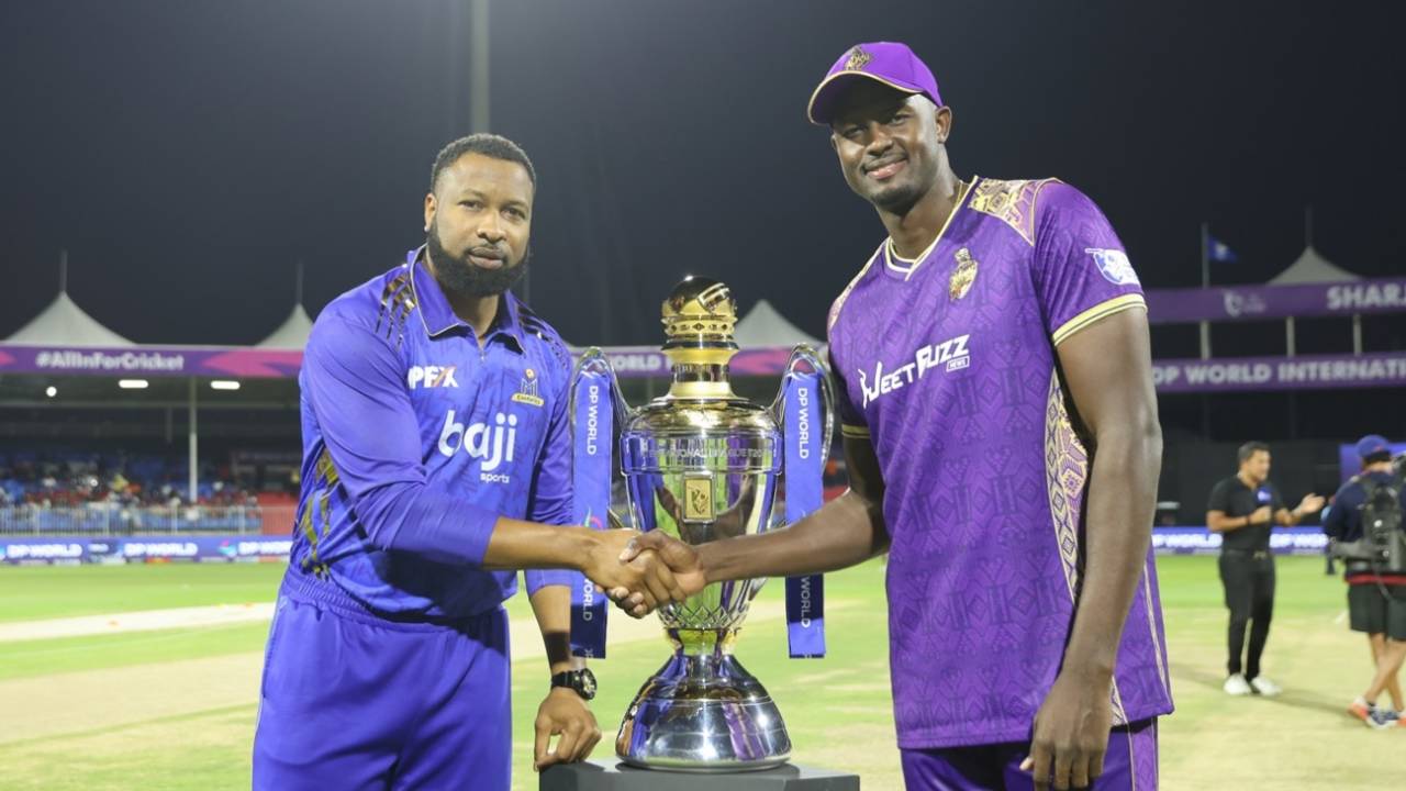 Jason Holder and Kieron Pollard pose for a photo, Abu Dhabi Knight Riders vs MI Emirates, ILT20, Sharjah, January 2, 2026