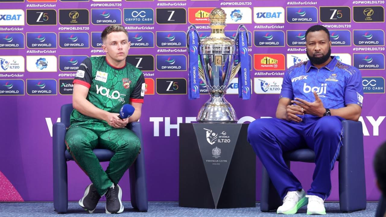 Sam Curran and Kieron Pollard with the ILT20 trophy, Desert Vipers vs MI Emirates, ILT20 2025, Dubai, January 3, 2026