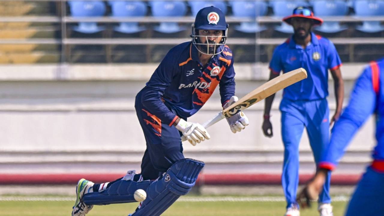 Krunal Pandya taps the ball into the leg side, Baroda vs Vidarbha, Vijay Hazare Trophy 2025-26, Jaipur, January 3, 2026