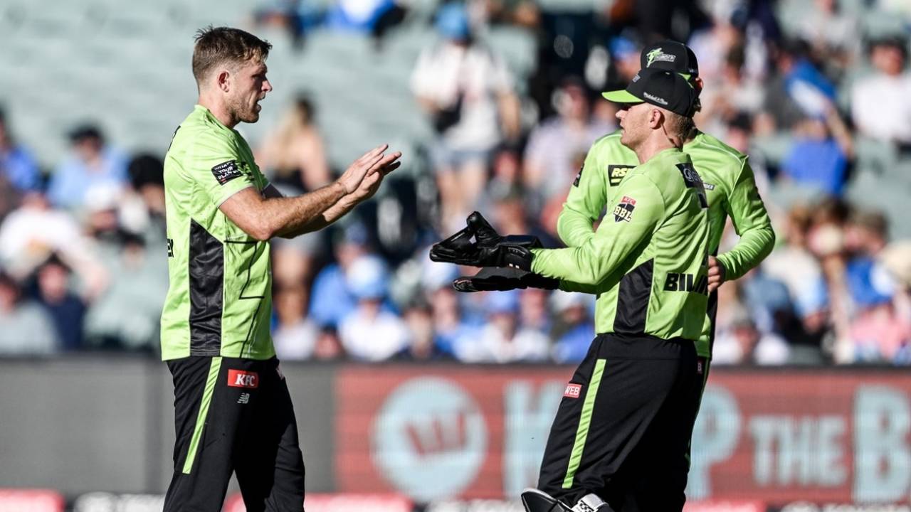 David Willey celebrates his first wicket for Sydney Thunder, Adelaide Strikers vs Sydney Thunder, BBL, Adelaide, January 6, 2026
