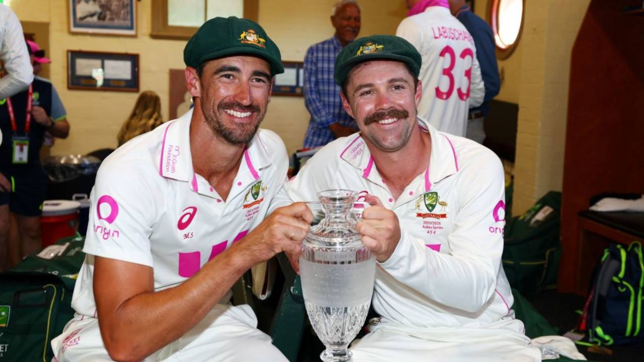 Mitchell Starc and Travis Head pose with the Ashes trophy, Australia vs England, 5th Test, Sydney, January 8, 2025