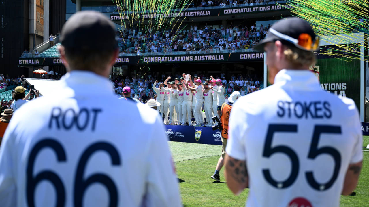 Ben Stokes and Joe Root look on as Australia's celebrations begin, Australia vs England, 5th Test, Sydney, January 8, 2025