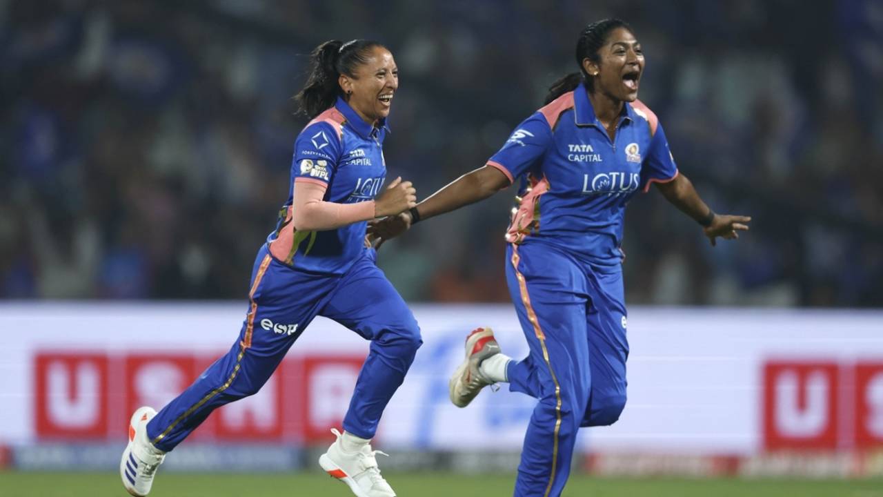 Shabnim Ismail, S Sajana wheel away in celebration, Mumbai Indians vs Delhi Capitals, WPL 2026, Mumbai, January 10, 2026