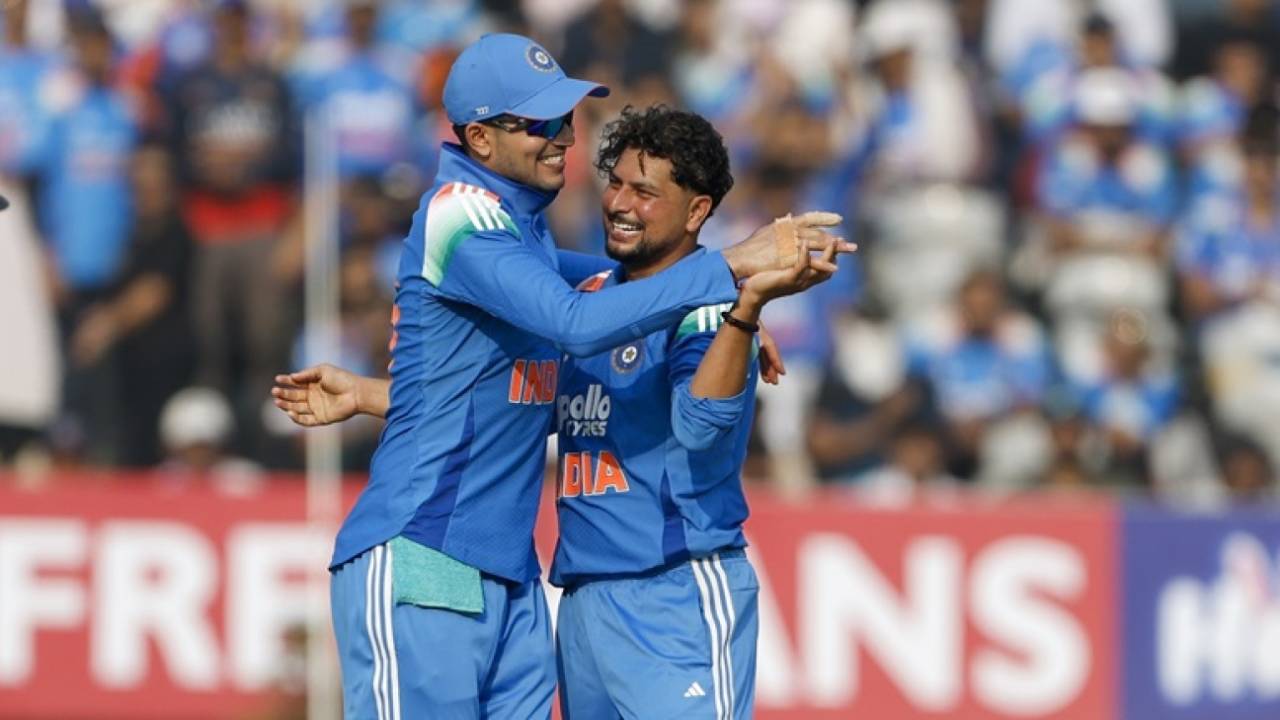 Kuldeep Yadav celebrates after sending back Glenn Phillips, India vs New Zealand, 1st ODI, Vadodara, January 11, 2026