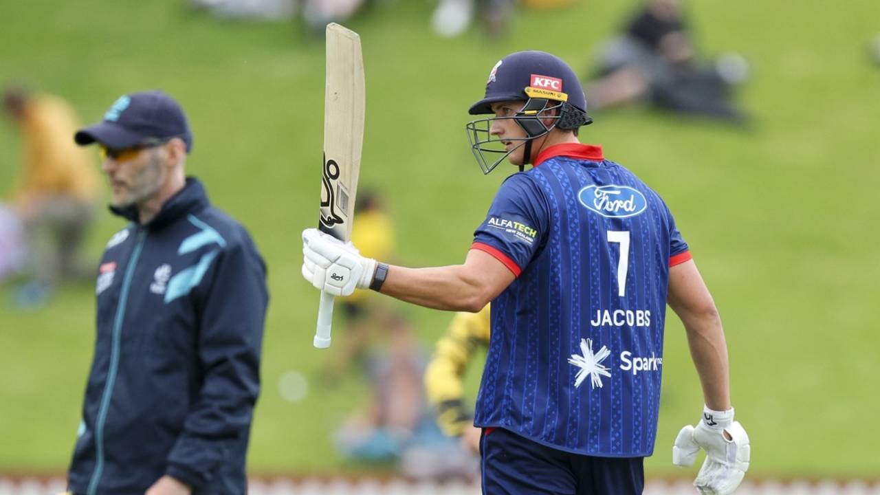 Bevon Jacobs celebrates his fifty, Wellington Firebirds vs Auckland Aces, Super Smash, Wellington, December 29, 2025