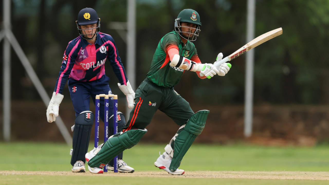 Rifat Beg plays a shot, Scotland vs Bangladesh, U-19 World Cup 2026 warm-ups, Harare, January 13, 2026