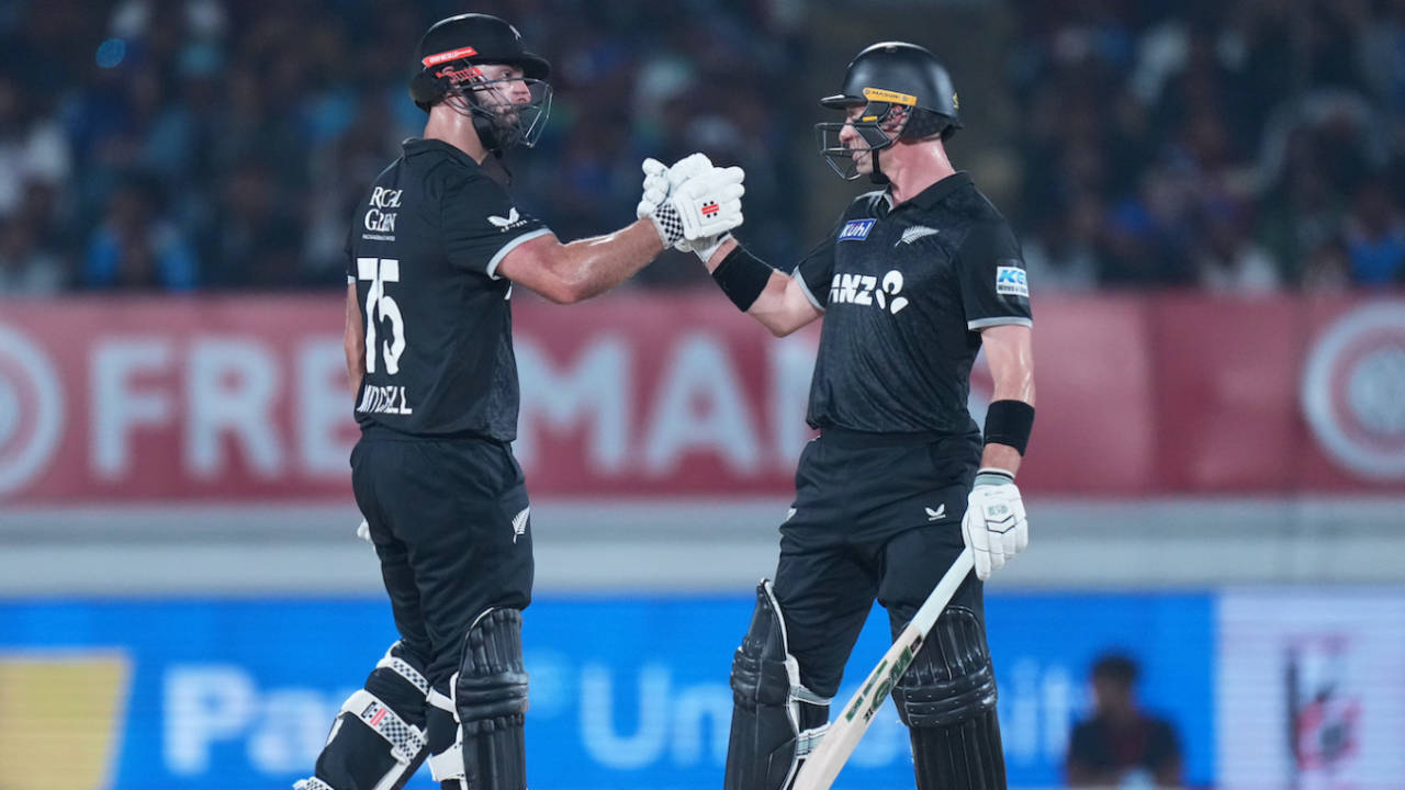 Daryl Mitchell and Will Young shake hands during their 162-run stand, India vs New Zealand, 2nd ODI, Rajkot, January 14, 2026