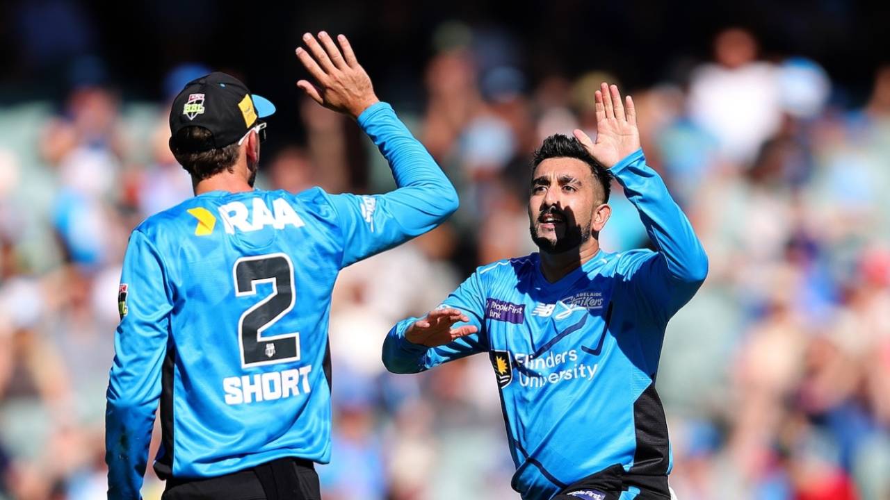 Tabraiz Shamsi celebrates a wicket with Matt Short, Adelaide Strikers vs Melbourne Renegades, BBL, Adelaide, January 17, 2026