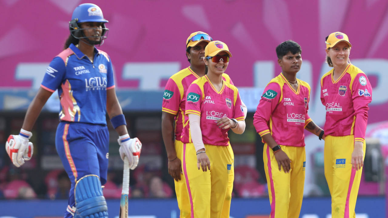 Kranti Gaud celebrates with Meg Lanning after taking the first wicket, Mumbai Indians vs UP Warriorz, WPL 2026, Navi Mumbai, January 17, 2026