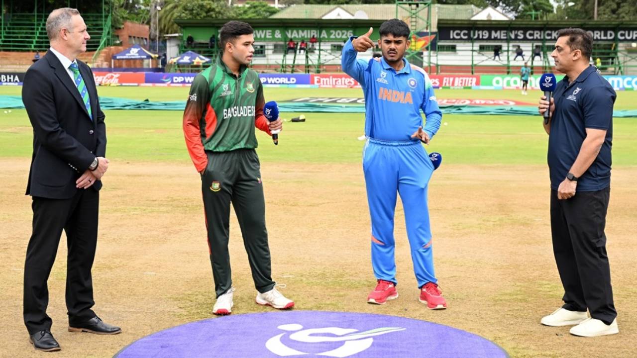Zawad Abrar and Ayush Mhatre at the toss, Bangladesh vs India, ICC Men's Under-19 World Cup, Bulawayo, January 17, 2026