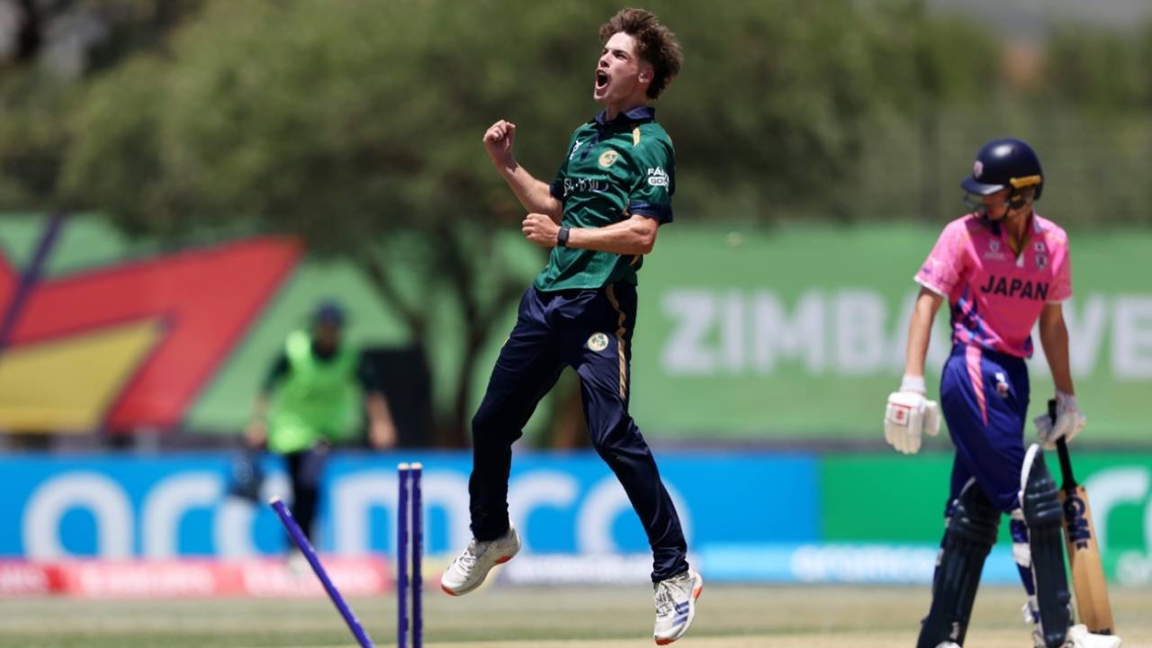 Adam Leckey is pumped after a wicket, Ireland vs Japan, Men's Under-19 World Cup, Windhoek, January 22, 2026