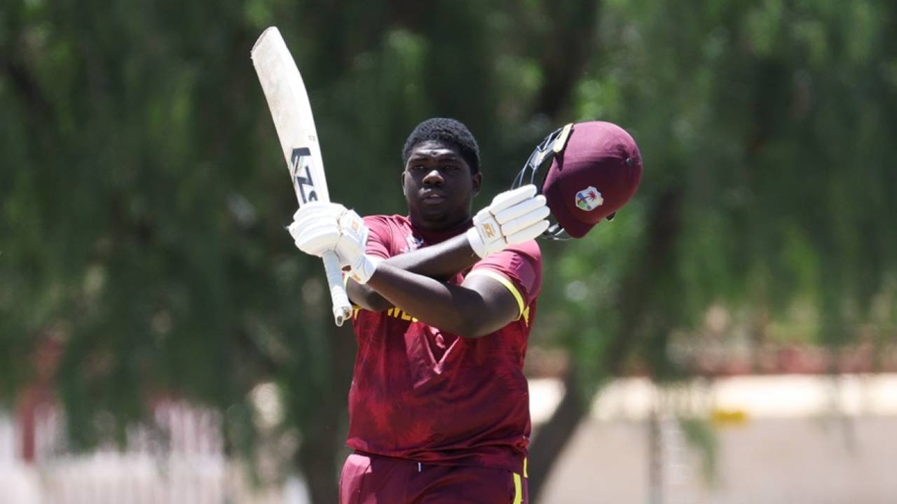 Zachary Carter celebrates his hundred, South Africa vs West Indies, Men's Under-19 World Cup, Windhoek, January 22, 2026