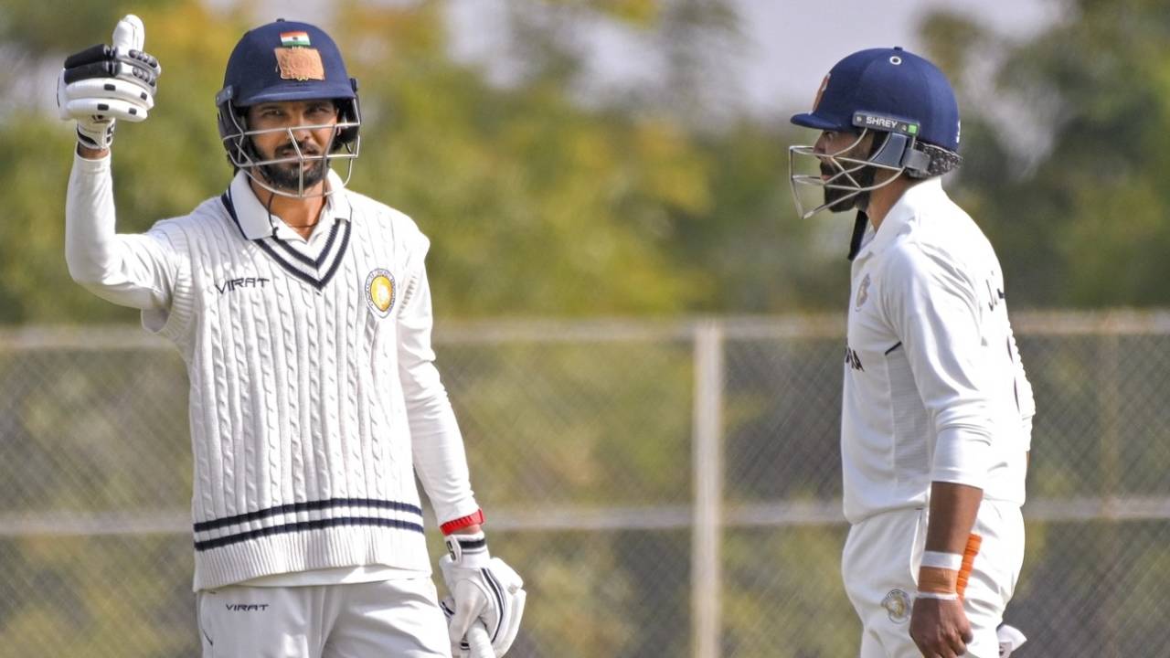 Prerak Mankad celebrates his fifty in the company of Ravindra Jadeja, Saurashtra vs Punjab, Ranji Trophy 2025-26, 2nd day, Rajkot, January 23, 2026