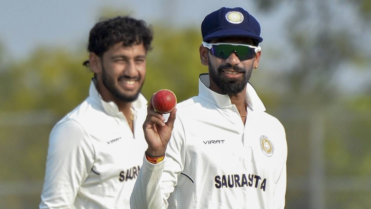 Parth Bhut holds the ball aloft after taking a five-for, Saurashtra vs Punjab, Ranji Trophy 2025-26, 2nd day, Rajkot, January 23, 2026