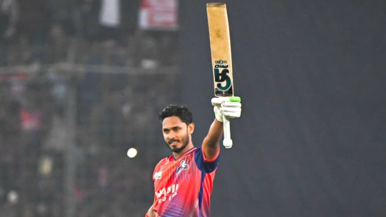 Tanzid Hasan celebrates his century, Rajshahi Warriors vs Chattogram Royals, BPL final, Dhaka, January 23 2026