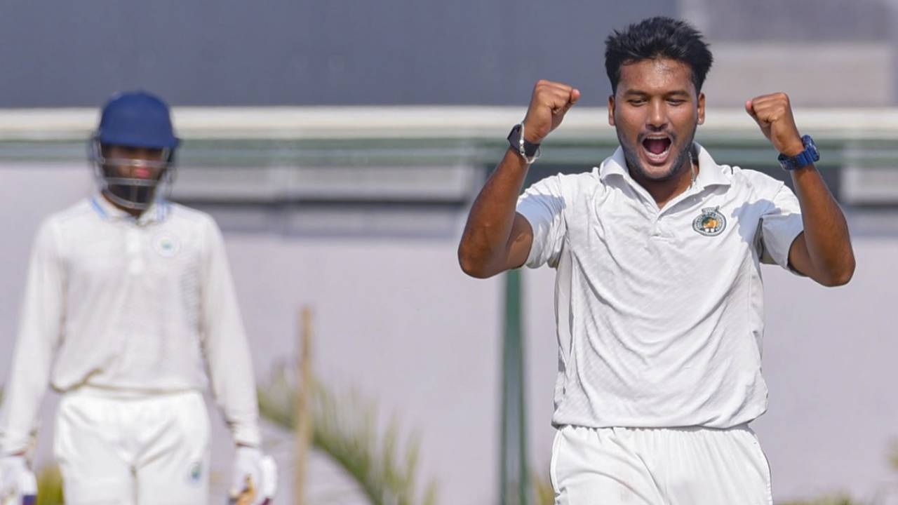 Mukhtar Hussain celebrates the wicket of Anuj Thakral, Assam vs Haryana, Ranji Trophy, day three, Fulung, January 24, 2026