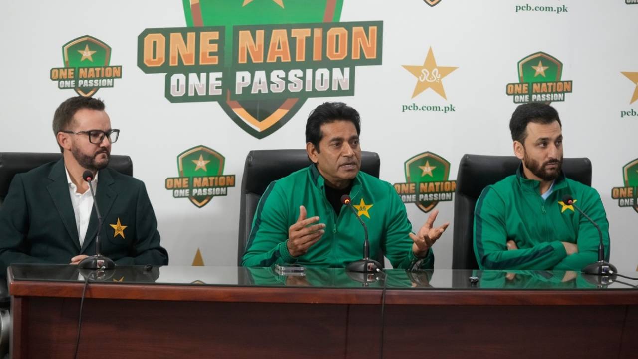 Head coach Mike Hesson, selector Aaqib Javed and captain Salman Agha at Pakistan's T20 World Cup squad announcement, Lahore, January 25, 2026