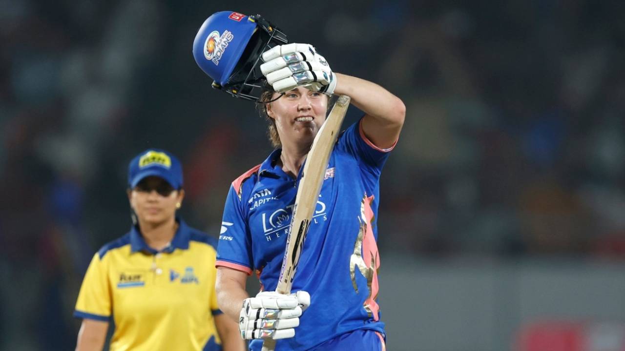 Nat Sciver-Brunt with a T celebration, a tribute to her son Theodore Michael, Mumbai Indians vs Royal Challengers Bengaluru, WPL 2026, Vadodara, January 26, 2026