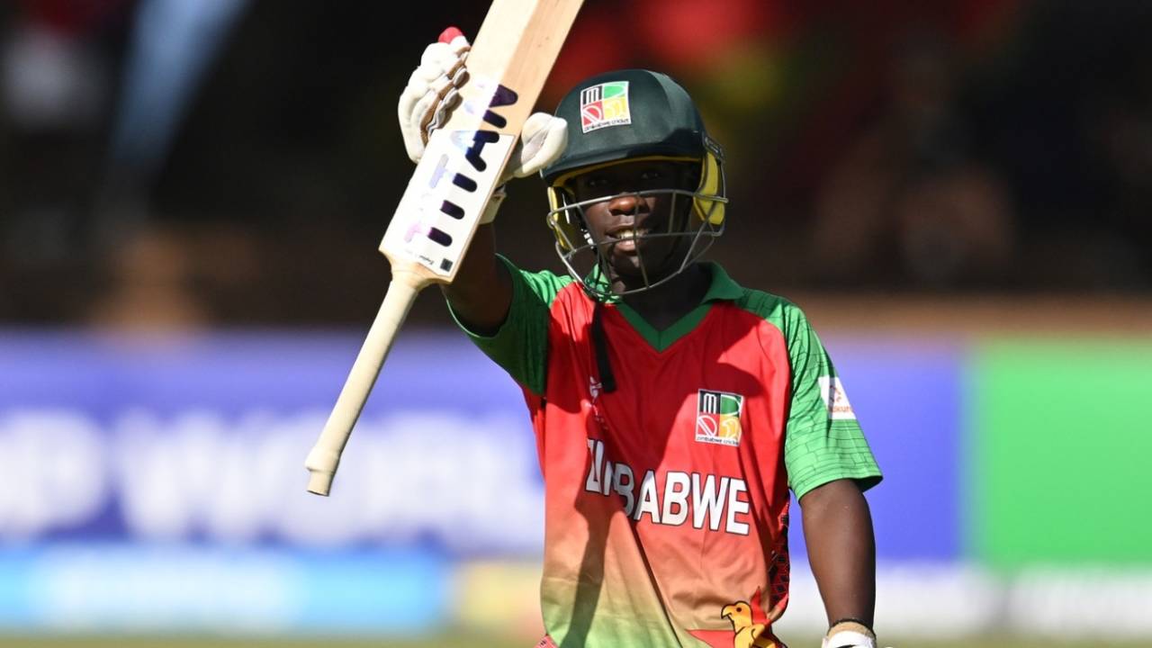Leeroy Chiwaula celebrates his half-century, Zimbabwe U19 vs India U19, Super Sixes, ICC Men's U19 World Cup, Bulawayo, January 27, 2026