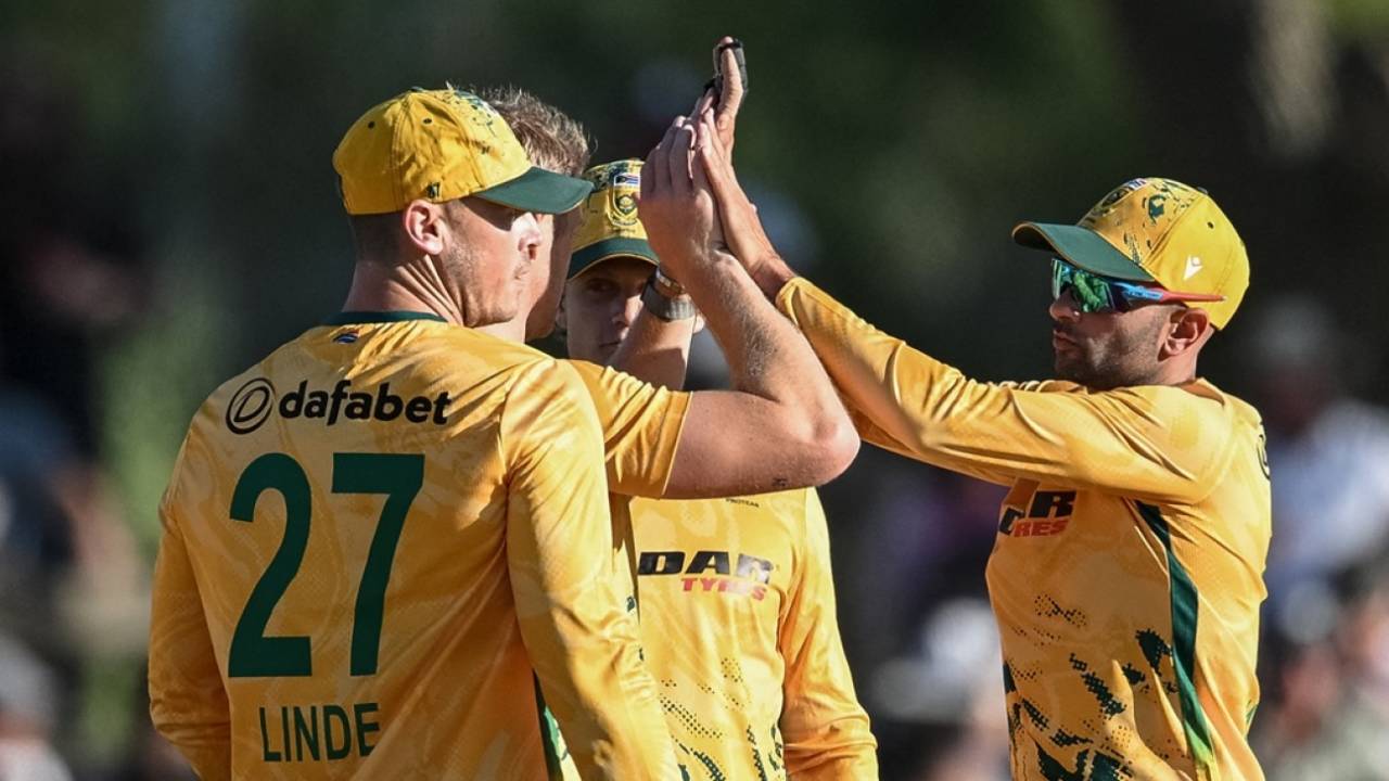 Keshav Maharaj picked up two wickets in the powerplay, South Africa vs West Indies, 1st T20I, Paarl, January 27, 2026