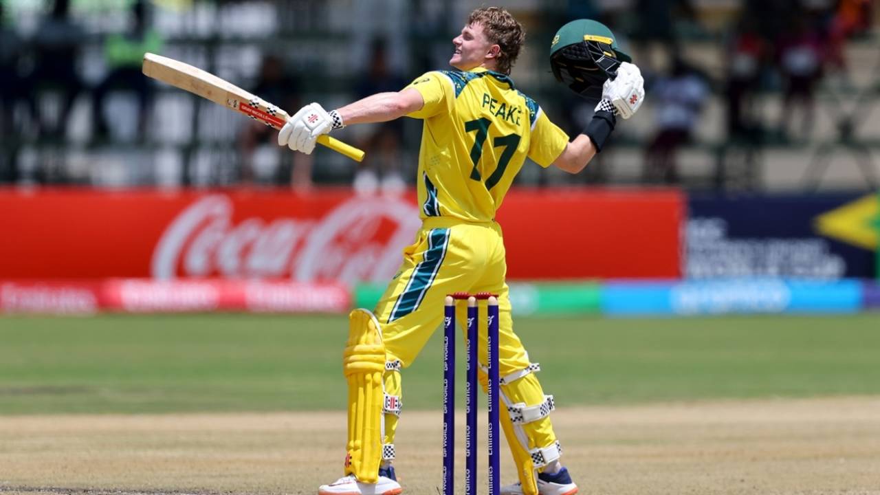 Oliver Peake celebrates his century, Australia vs West Indies, Under-19 World Cup, Harare, January 28, 2026