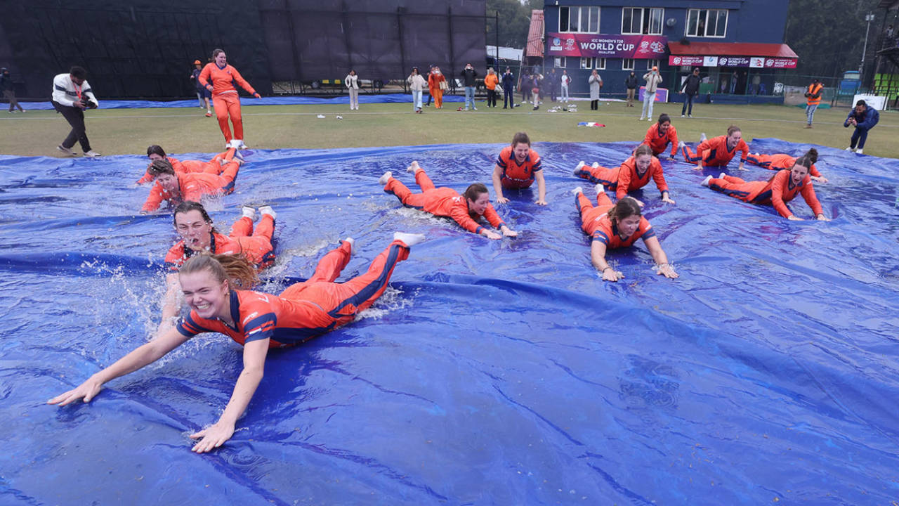 Netherlands's Women's team celebrate victory and qualification for the T20 World Cup, ICC Women´s T20 World Cup 2026 Qualifier Super Six, USA vs Netherlands, Kathmandu, January 28, 2026