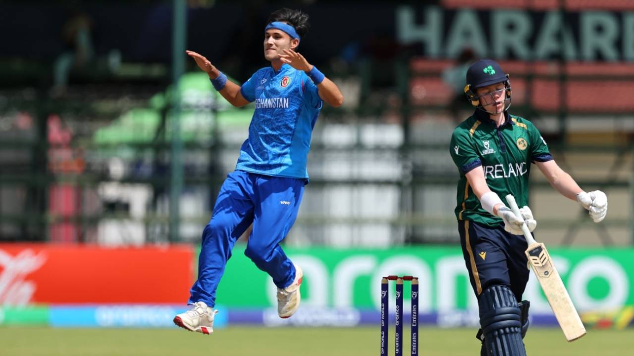 Abdul Aziz exults after dismissing James West, Afghanistan vs Ireland, Under-19 World Cup, Super Sixes, Group 1, Harare, January 30, 2026