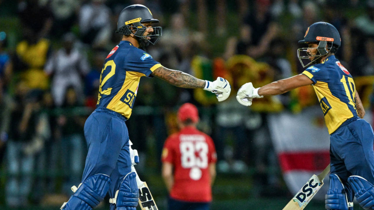 Pathum Nissanka and Kamil Mishara punch gloves during a brisk start, Sri Lanka vs England, 2ns T20I, Pallekele, February 1, 2026