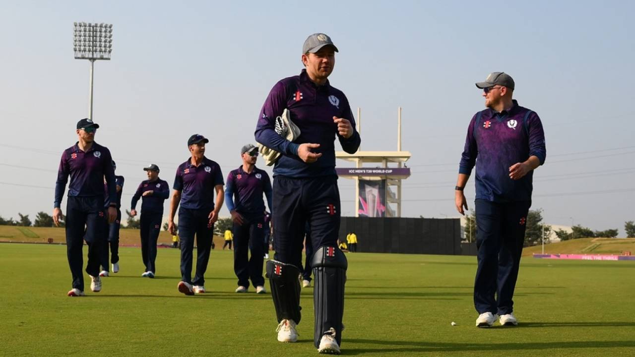 The Scotland players walk off the ground at the end of the contest, Afghanistan vs Scotland, T20 World Cup warm-up, Bengaluru, February 2, 2026