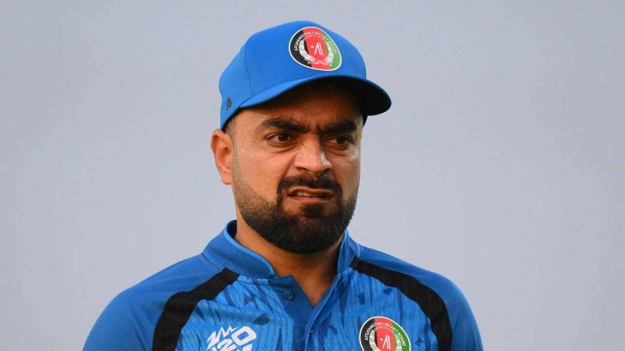 Rashid Khan has a quizzical look during the game, Afghanistan vs Scotland, T20 World Cup warm-up, Bengaluru, February 2, 2026