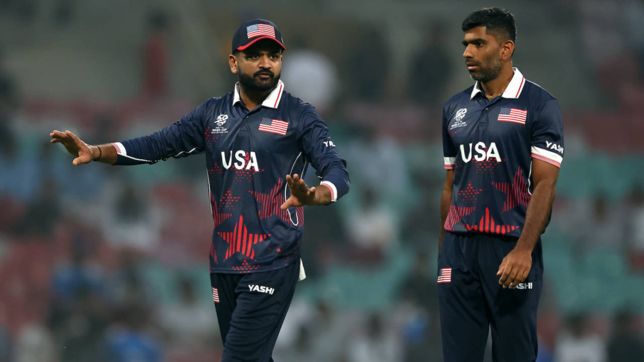 Monank Patel and Saurabh Netravalkar have a chat, India A vs USA, Navi Mumbai, ICC Men's T20 World Cup Warm-up, February 02, 2026, 
