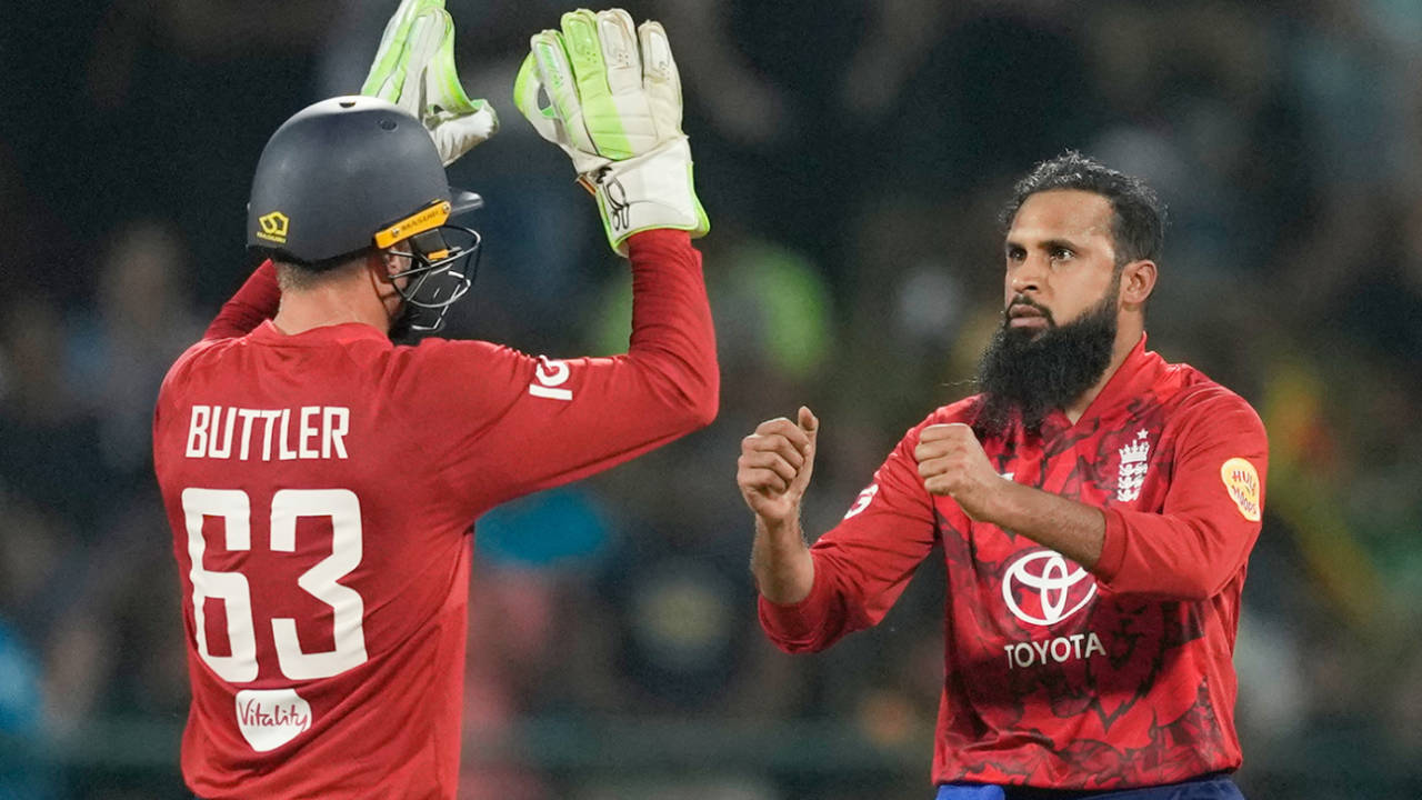 Adil Rashid celebrates with Jos Buttler, Sri Lanka vs England, 3rd T20I, Pallekele, February 3, 2026