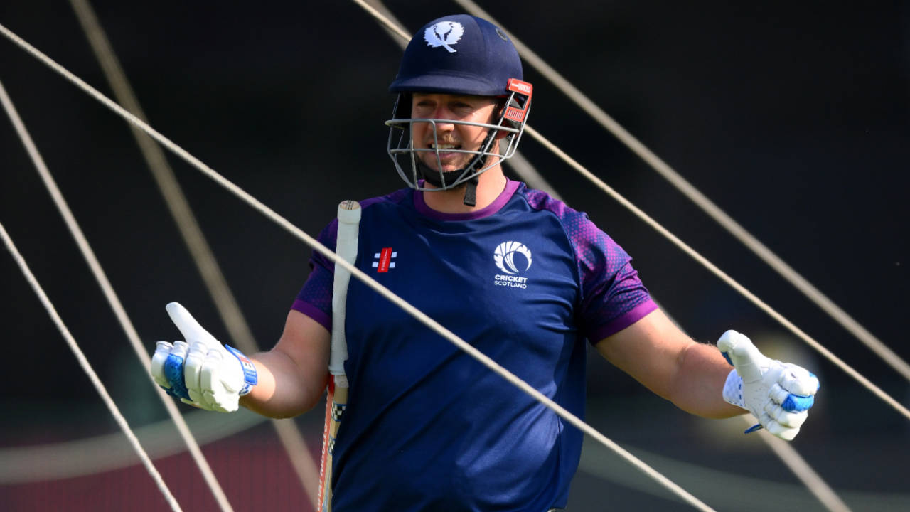 George Munsey gesticulates in the nets ahead of Scotland's opening match, Scotland vs West Indies, Men's T20 World Cup, Kolkata
