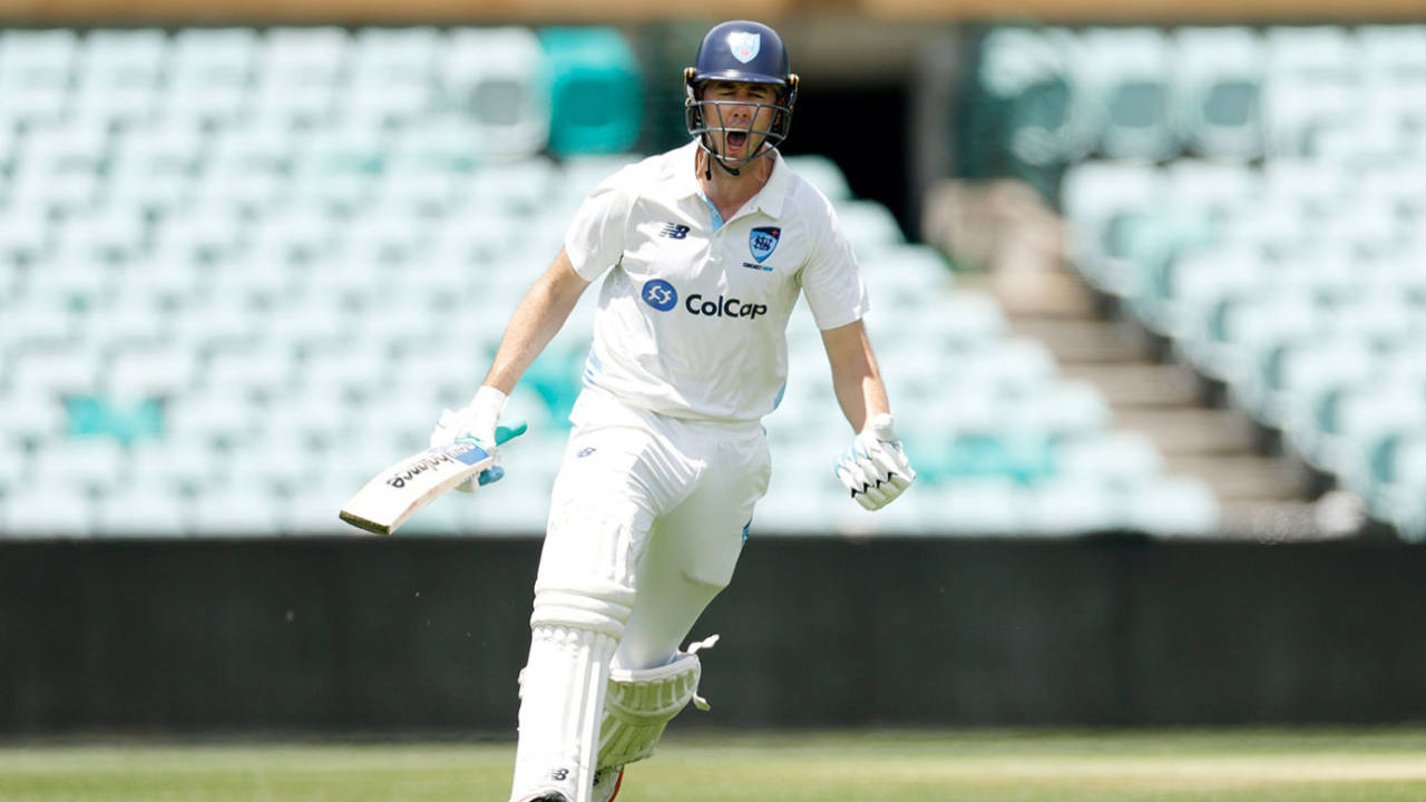 Kurtis Patterson roars as he reaches a century in his 100th Shield game, New South Wales vs South Australia, Sheffield Shield, SCG, February 7, 2026