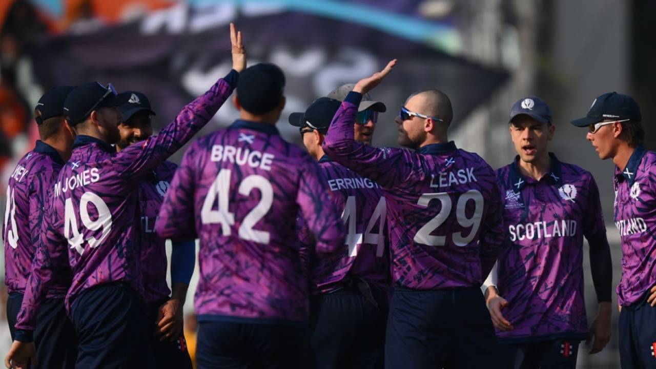 Michael Leask celebrates a wicket, Scotland vs West Indies, T20 World Cup, Kolkata, February 7, 2026 