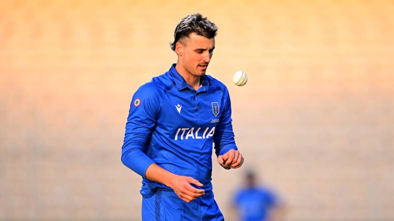 Thomas Draca prepares to bowl, Italy vs UAE, T20 World Cup warm-up, Chennai, February 6, 2026