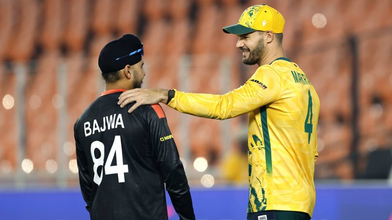 Dilpreet Bajwa enjoys a chat with Aiden Markram after the game, South Africa vs Canada, Men's T20 World Cup, Ahmedabad, February 9, 2026