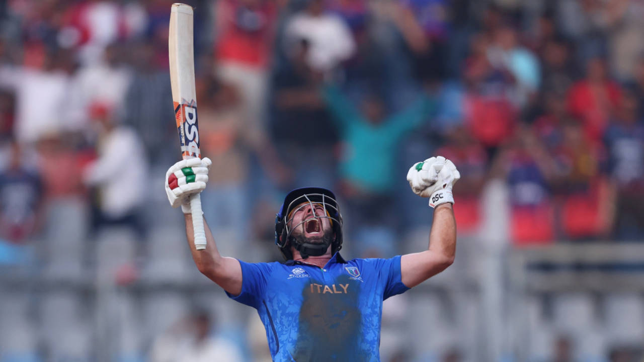 Anthony Mosca celebrates Italy's first World Cup win, Nepal vs Italy, T20 World Cup, Mumbai, February 12, 2026