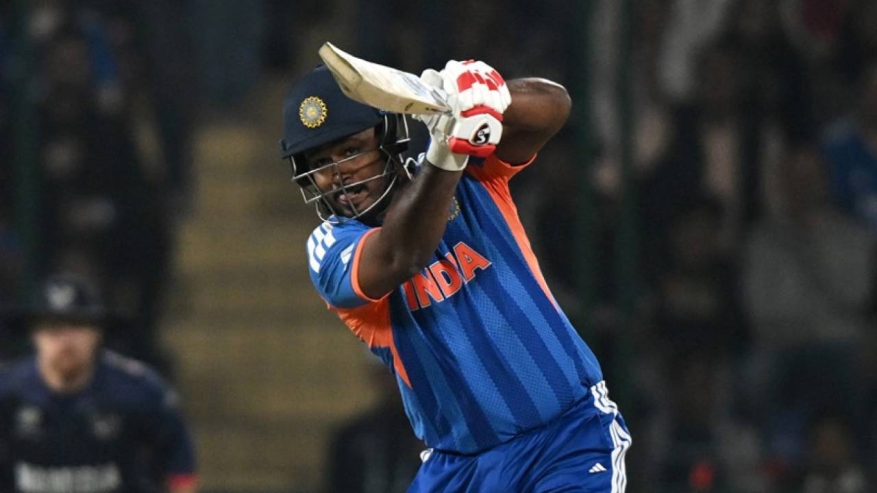 Sanju Samson hit three sixes and a four in his 8-ball 22, India vs Namibia, Men's T20 World Cup, New Delhi, February 12, 2026