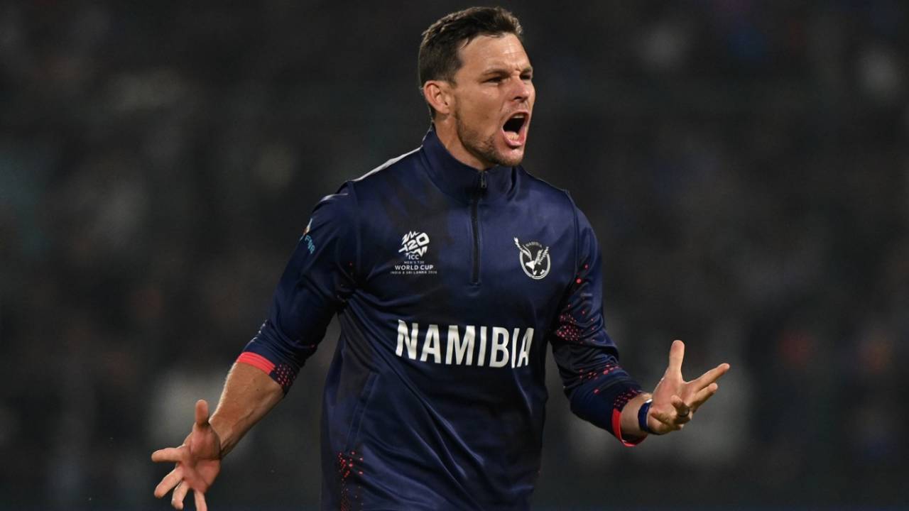 Gerhard Erasmus returned figures of 4 for 20, India vs Namibia, Men's T20 World Cup, New Delhi, February 12, 2026