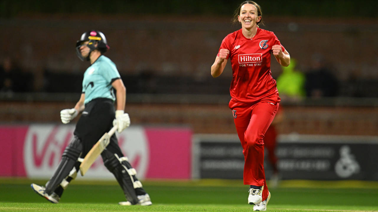 Kate Cross celebrates a breakthrough, Lancashire vs Surrey, T20 Women's County Cup, Taunton, May 26, 2025