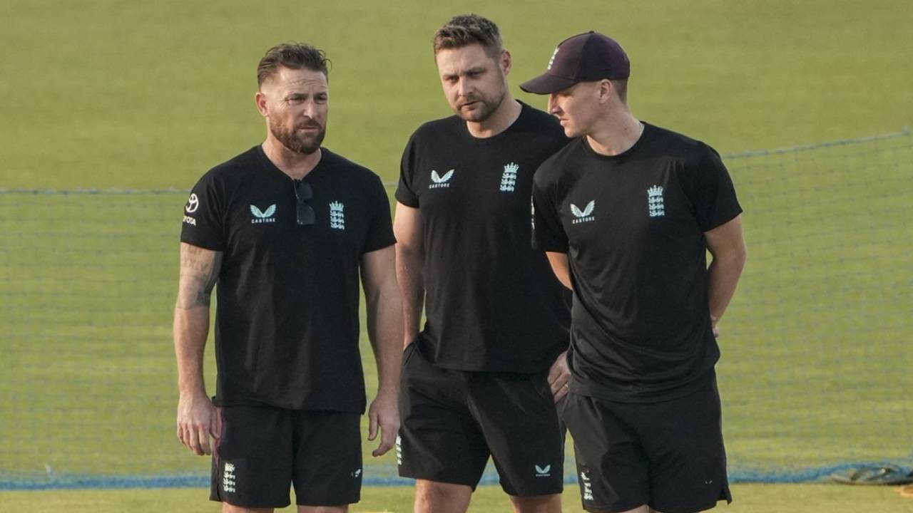 England head coach Brendon McCullum, selector Luke Wright and captain Harry Brook look at the Eden Gardens pitch, England vs Scotland, Men's T20 World Cup, Kolkata, February 13, 2026