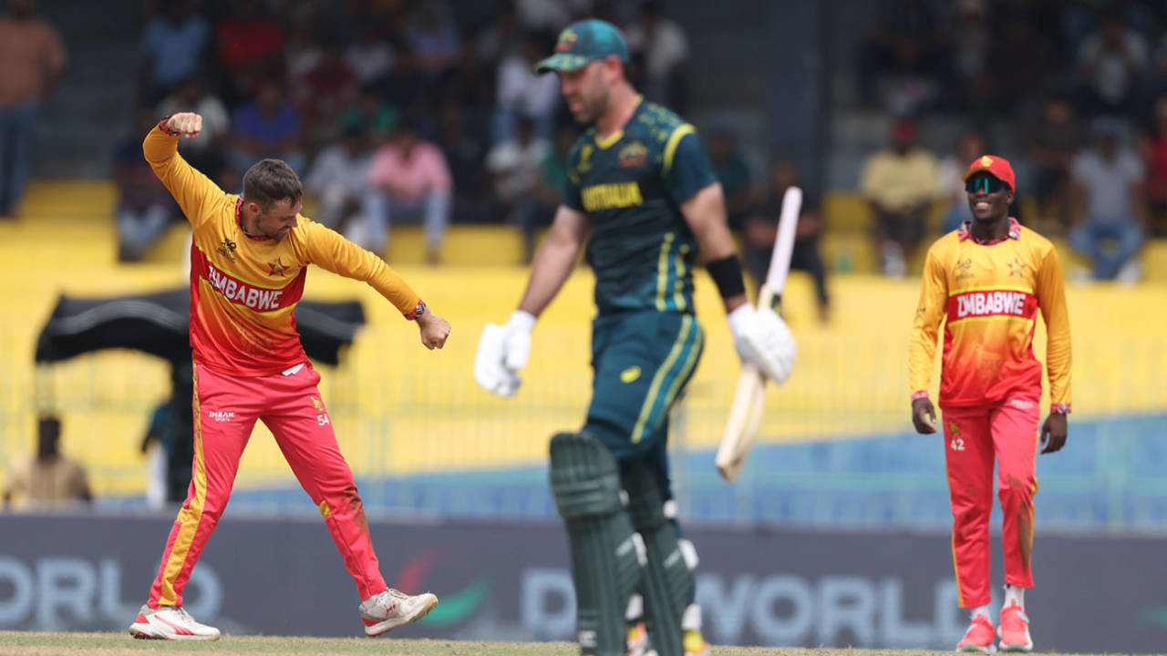 Glenn Maxwell walks off after falling to Ryan Burl, Australia vs Zimbabwe, T20 World Cup, Colombo, February 13, 2026