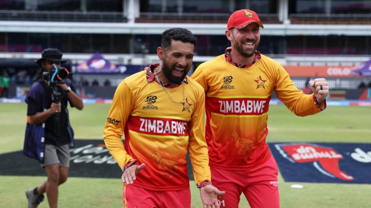 Brendan Taylor celebrates Zimbabwe's win with Sikandar Raza, Australia vs Zimbabwe, T20 World Cup, Colombo, February 13, 2026