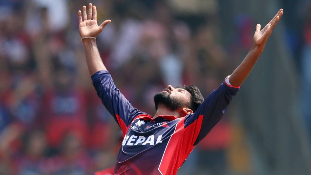 Nandan Yadav celebrates Brandon King's wicket, Nepal vs West Indies, Mumbai, T20 World Cup, February 15, 2026