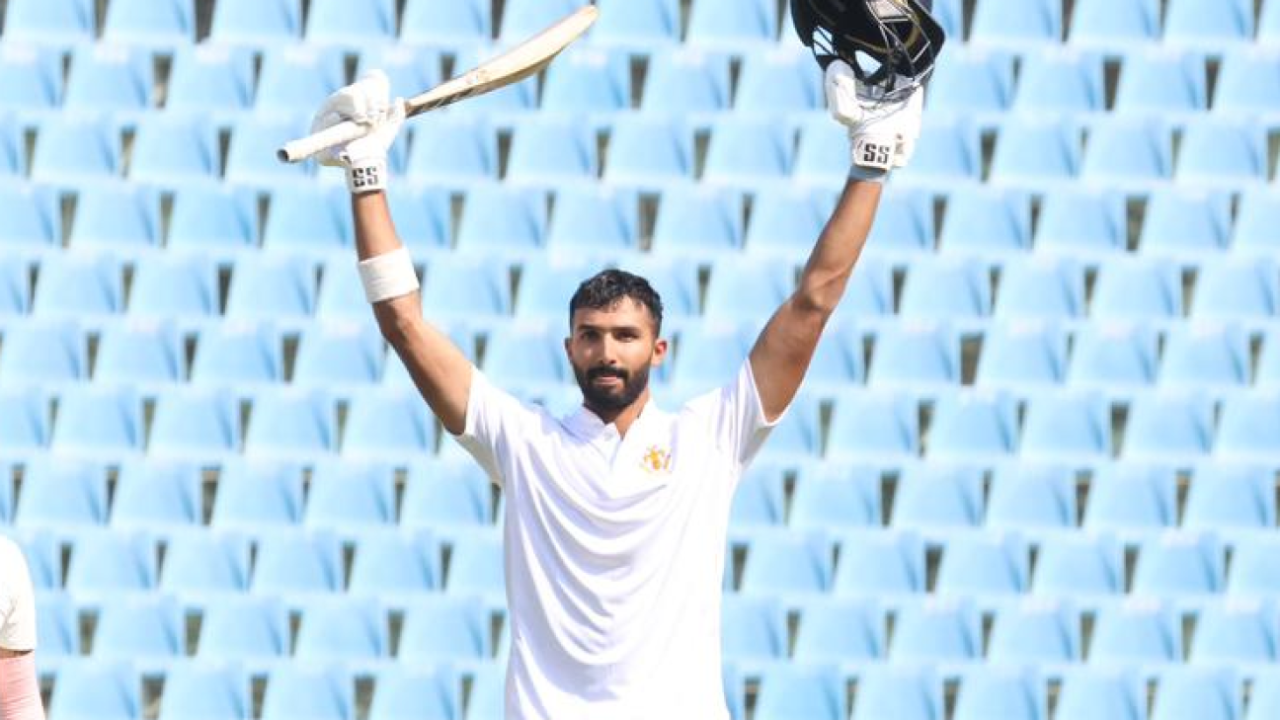 Devdutt Padikkal celebrates after scoring a double-century, Karnataka vs Utharakhand, Ranji Trophy semi-final, 2nd day, Lucknow, February 16, 2026