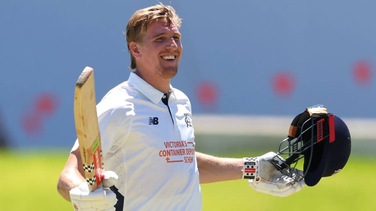 Will Sutherland celebrates his second first-class century, Western Australia vs Victoria, Sheffield Shield, WACA, February 17, 2026
