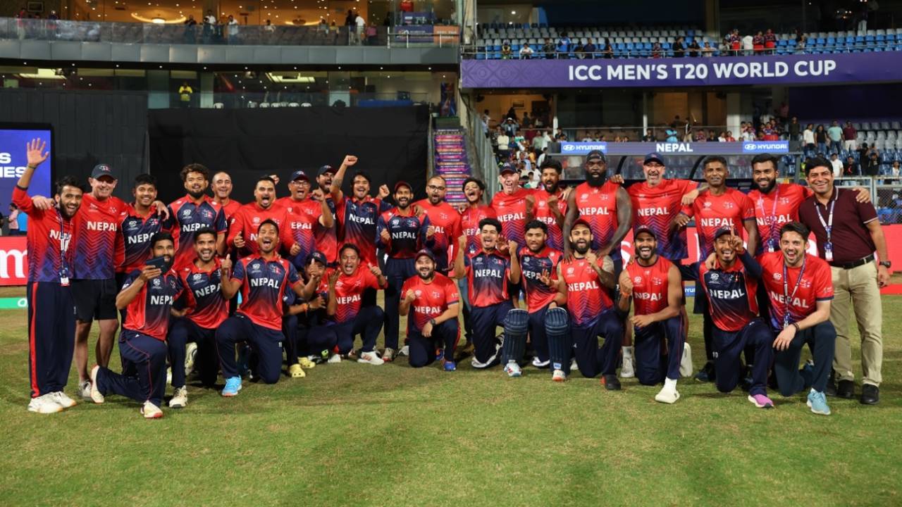 The Nepal players pose after beating Scotland, Scotland vs Nepal, T20 World Cup, Mumbai, February 17, 2026
